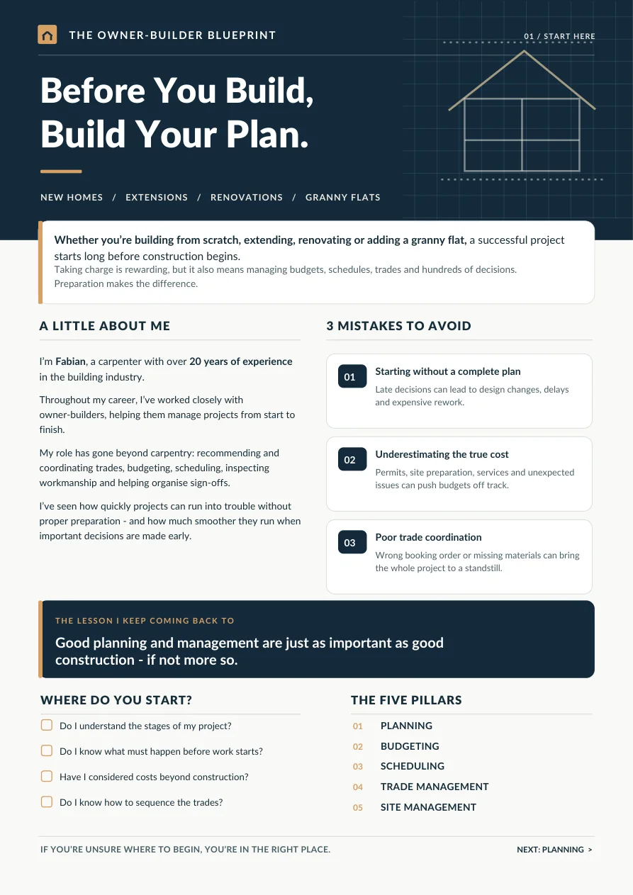 Actual cover page of the free Owner-Builder Blueprint
