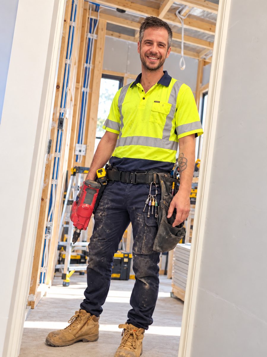 Fabian on a timber-framed construction site wearing high-visibility workwear and his tool belt